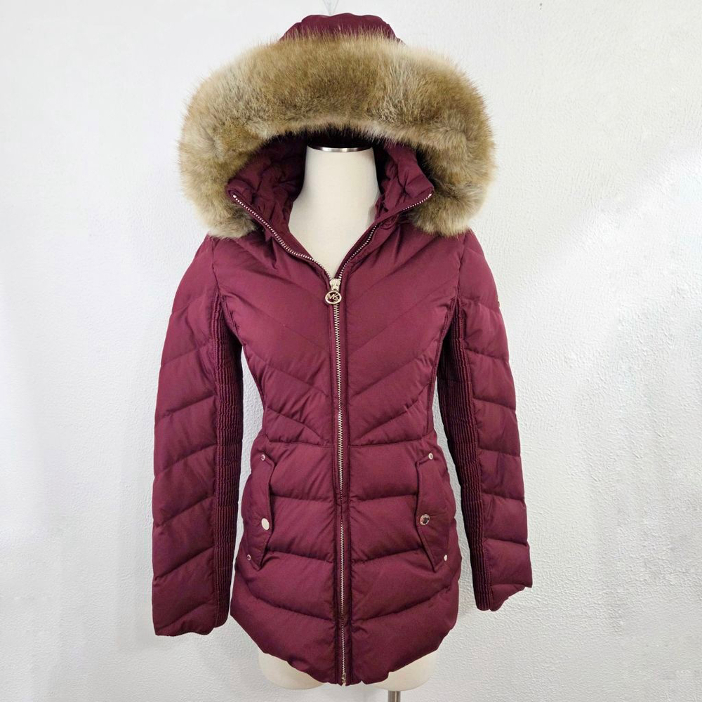 Michael Kors Faux Fur Trim Hooded Down Puffer Coat dark red gold women's size XS